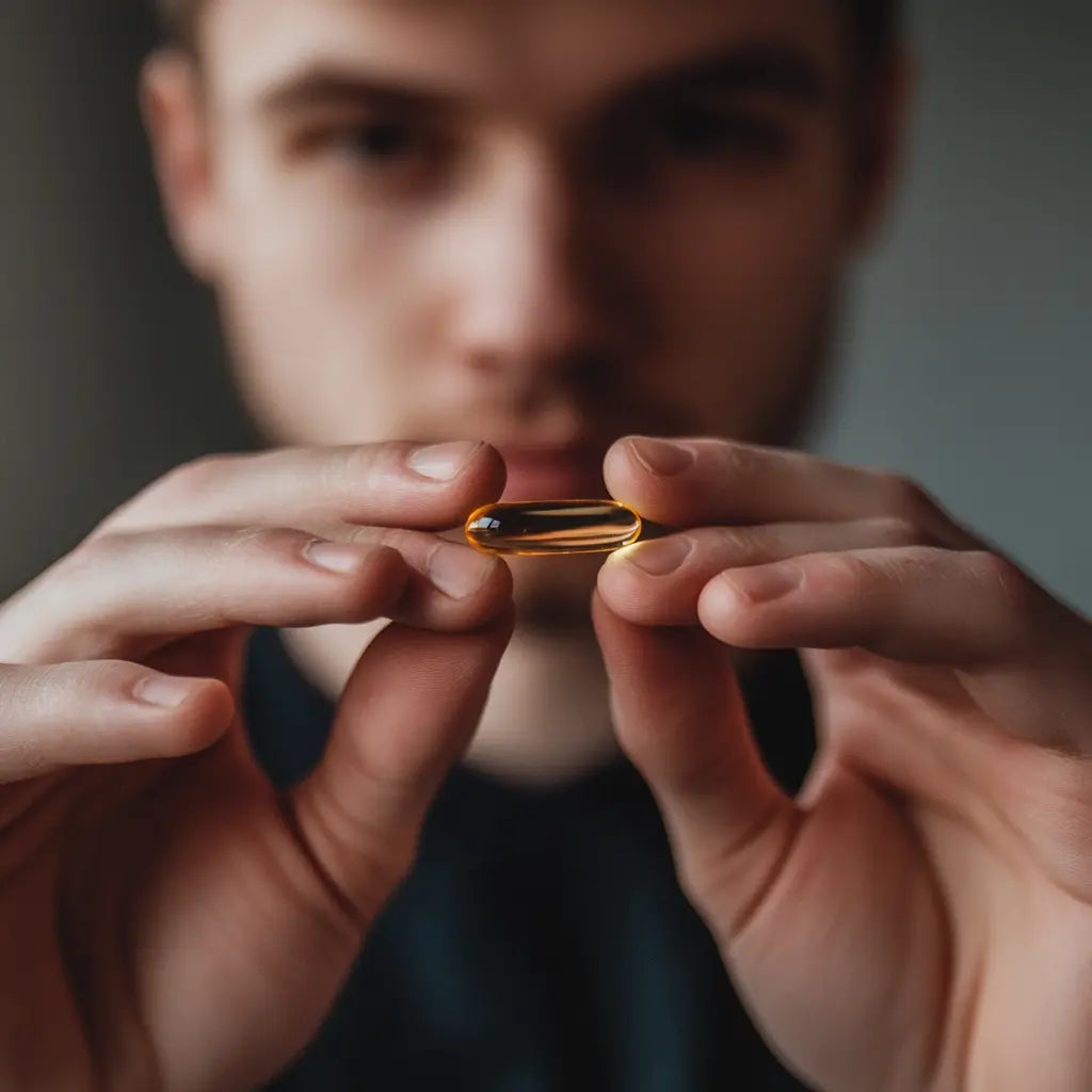 Junger Mann hält eine goldene AYARI Kapsel zwischen den Fingern – Symbol für Fokus, Energie und moderne Nahrungsergänzung.